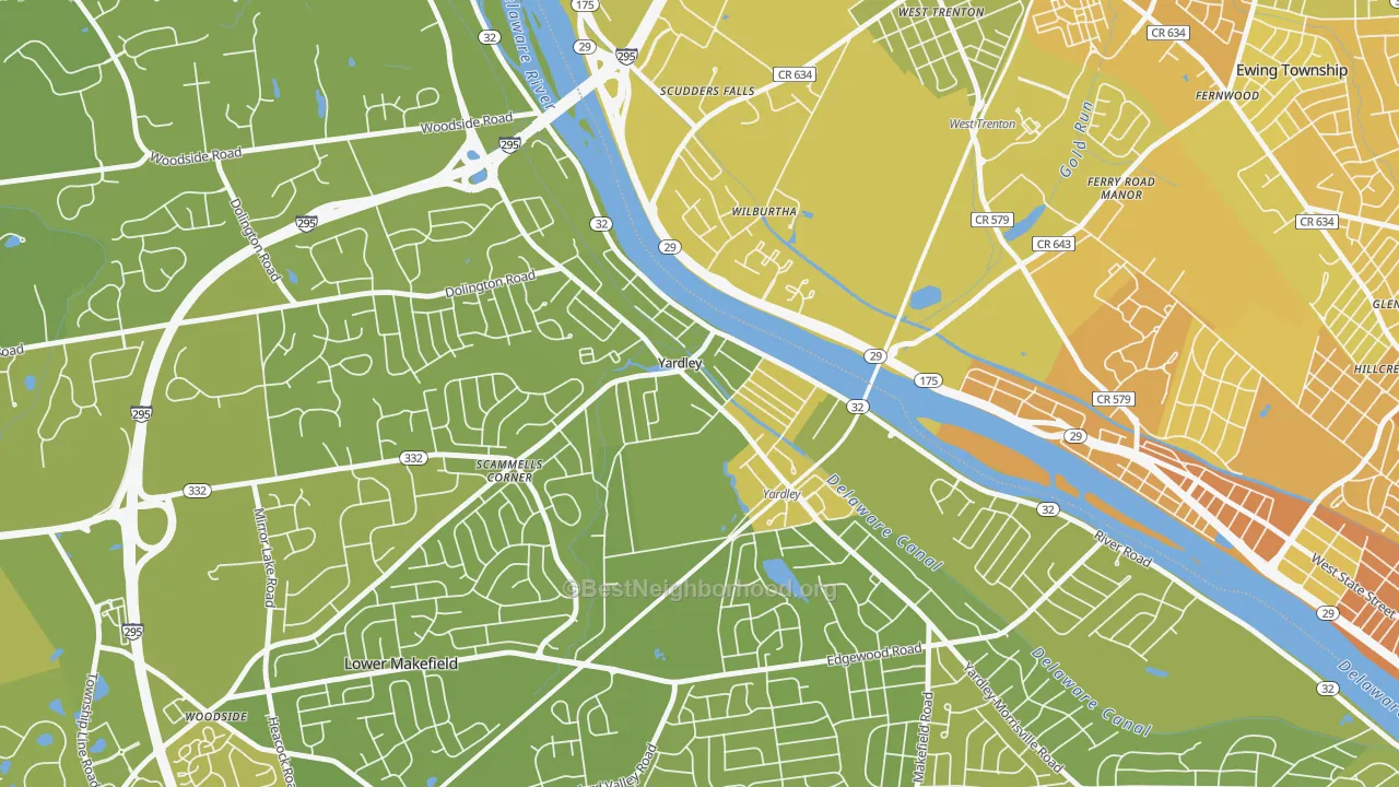 Map of the best neighborhoods in the Yardley area, with better matches in green and worse matches in red