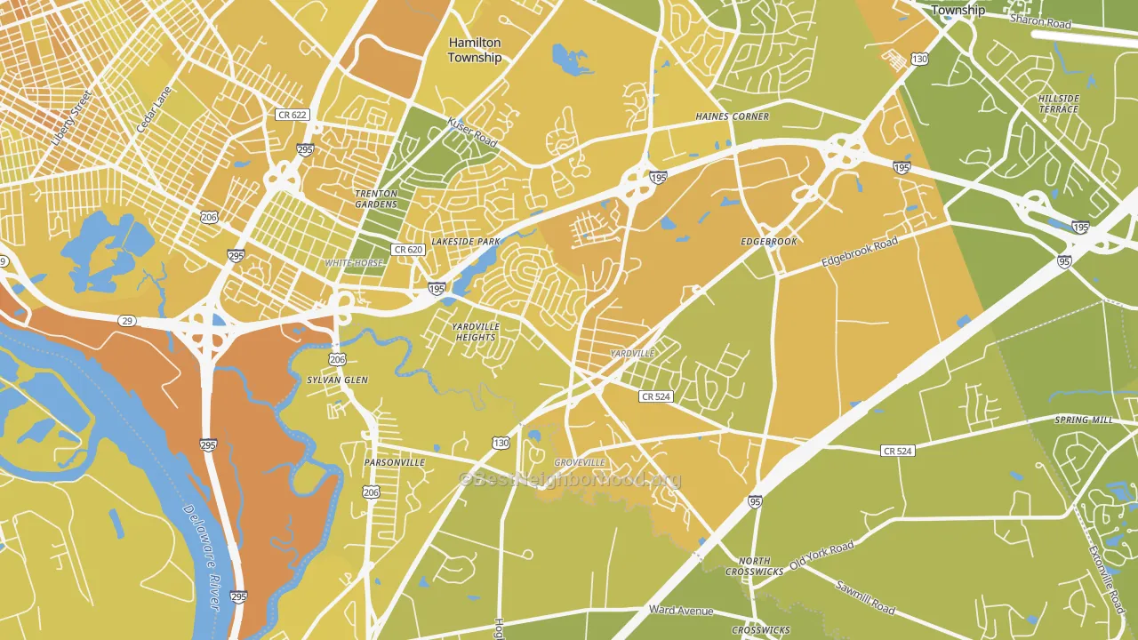 Map of the best neighborhoods in the Yardville area, with better matches in green and worse matches in red