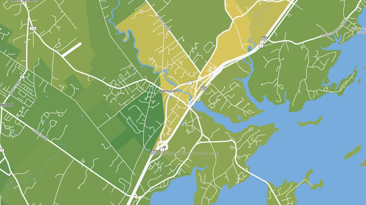 Map of the best neighborhoods in the Yarmouth area, with better matches in green and worse matches in red