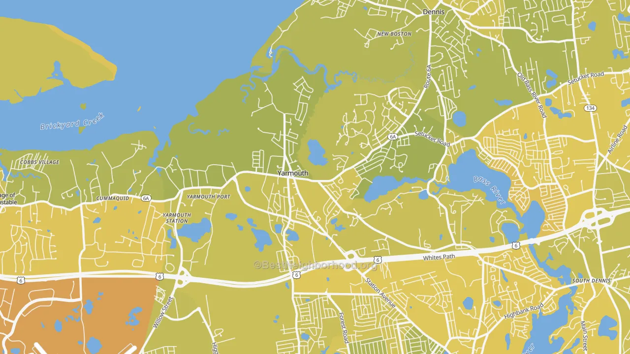Map of the best neighborhoods in the Yarmouth Port area, with better matches in green and worse matches in red