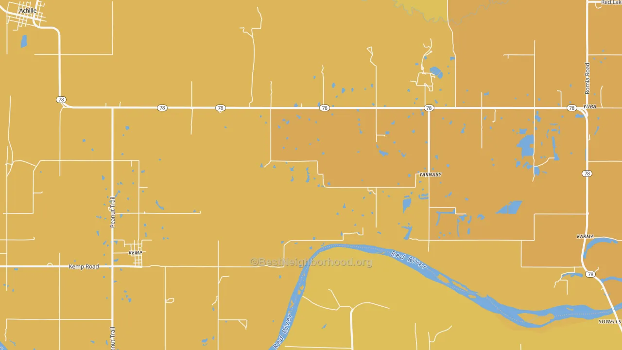 Map of the best neighborhoods in the Yarnaby area, with better matches in green and worse matches in red