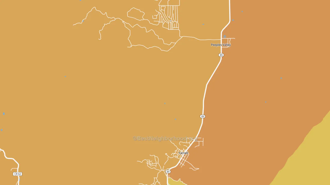 Map of the best neighborhoods in the Yarnell area, with better matches in green and worse matches in red