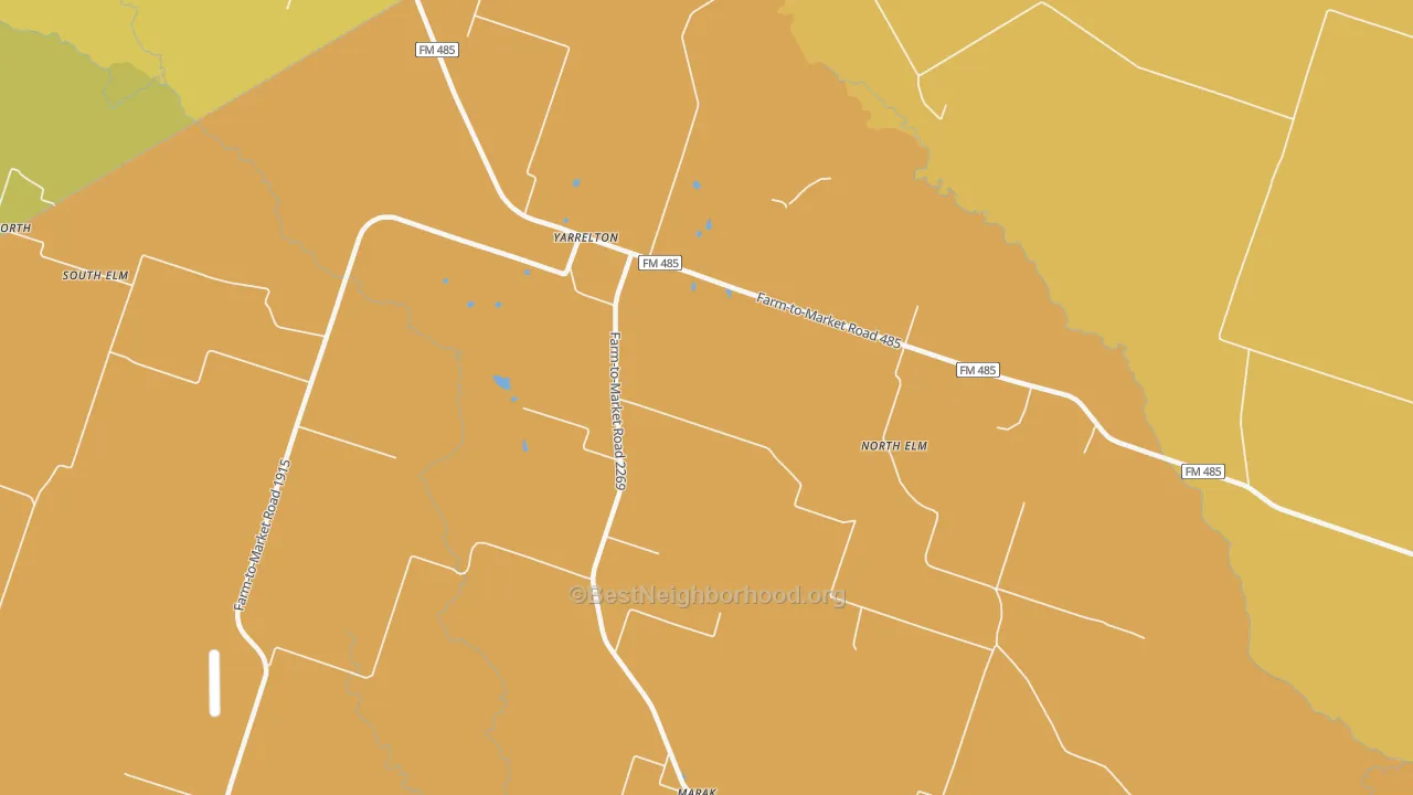 Map of the best neighborhoods in the Yarrelton area, with better matches in green and worse matches in red