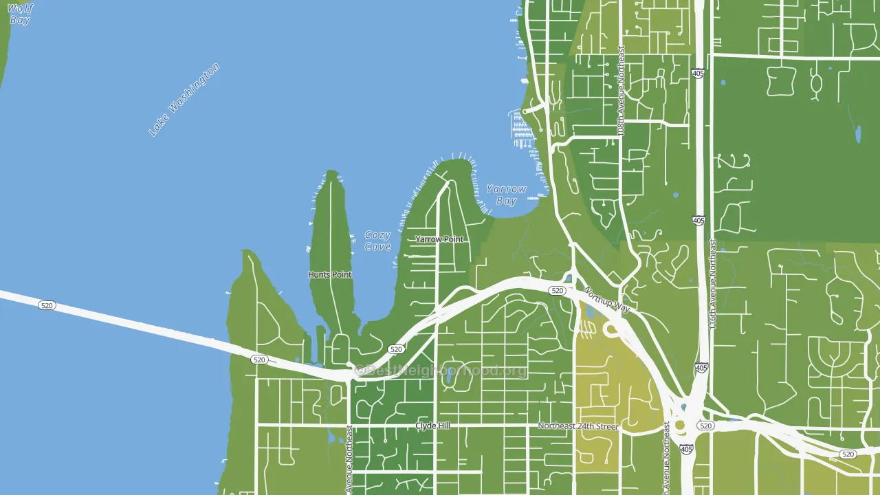 Map of the best neighborhoods in the Yarrow Point area, with better matches in green and worse matches in red