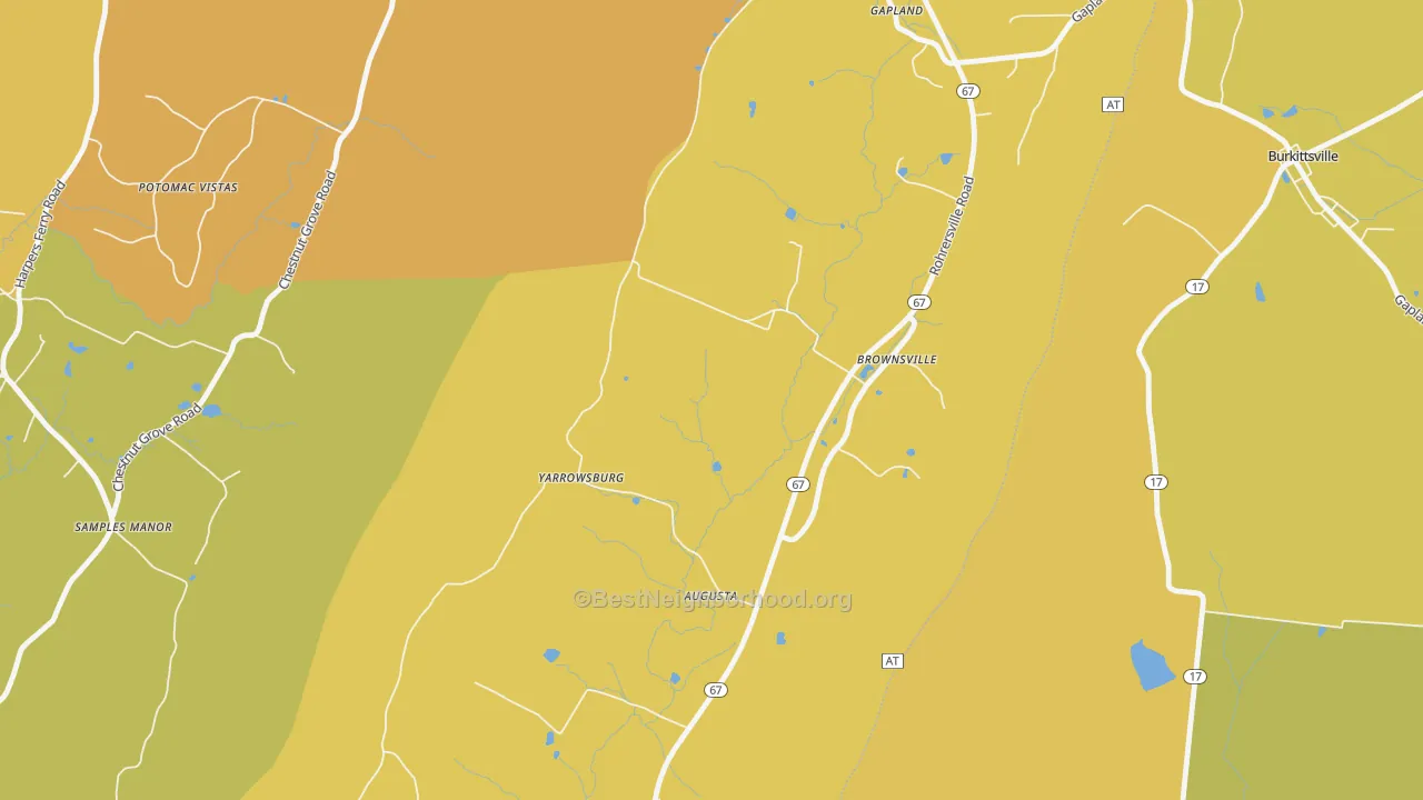Map of the best neighborhoods in the Yarrowsburg area, with better matches in green and worse matches in red