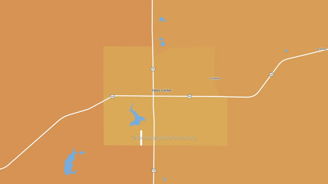 Map of the best neighborhoods in the Yates Center area, with better matches in green and worse matches in red