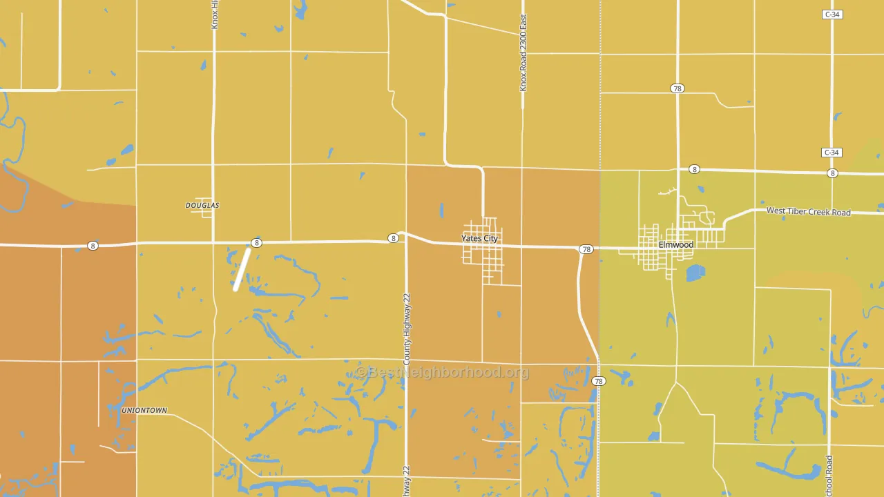 Map of the best neighborhoods in the Yates City area, with better matches in green and worse matches in red