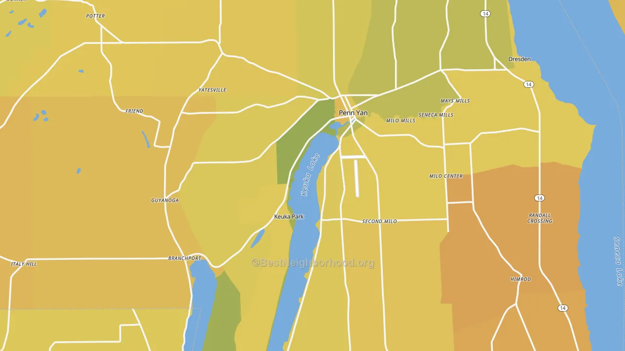 Map of the best neighborhoods in the Yates County area, with better matches in green and worse matches in red