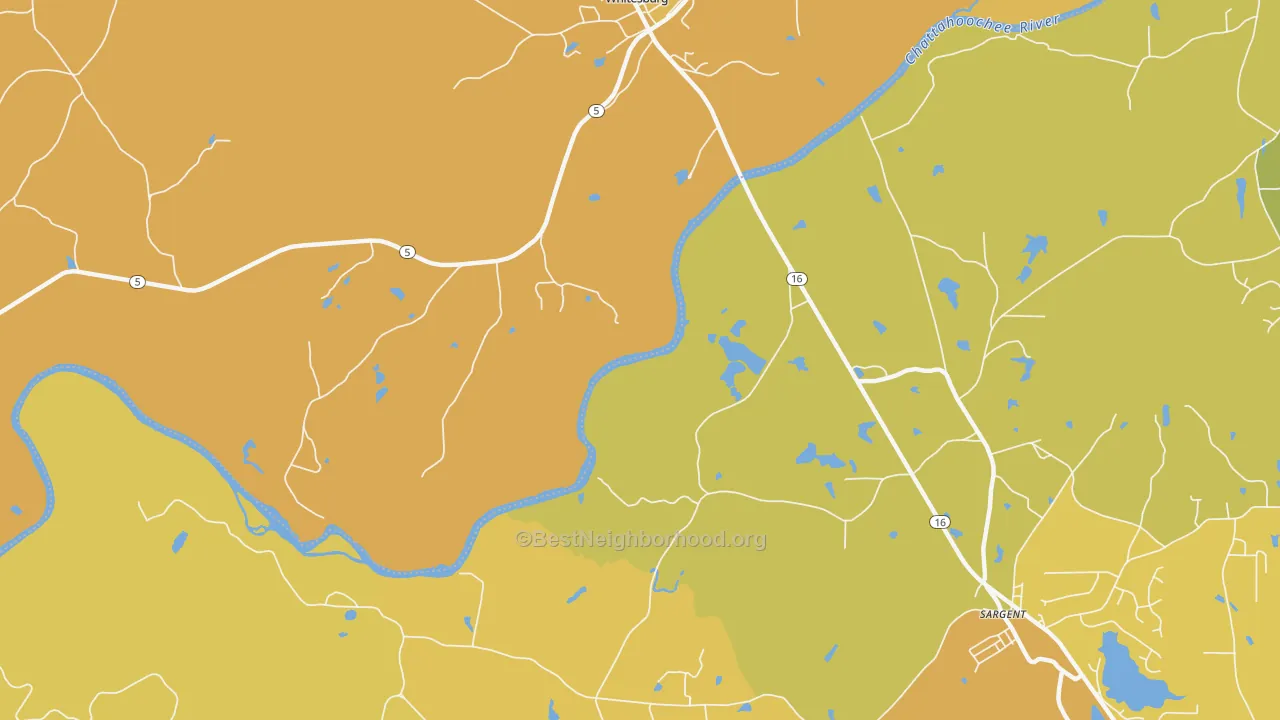Map of the best neighborhoods in the Yates area, with better matches in green and worse matches in red