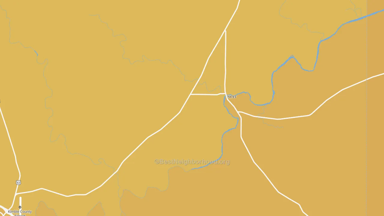 Map of the best neighborhoods in the Yates area, with better matches in green and worse matches in red