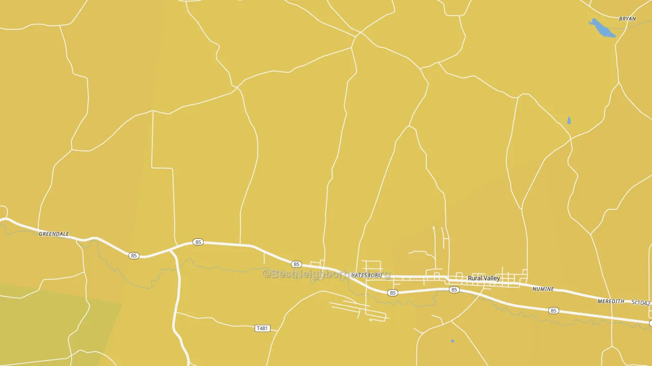Map of the best neighborhoods in the Yatesboro area, with better matches in green and worse matches in red