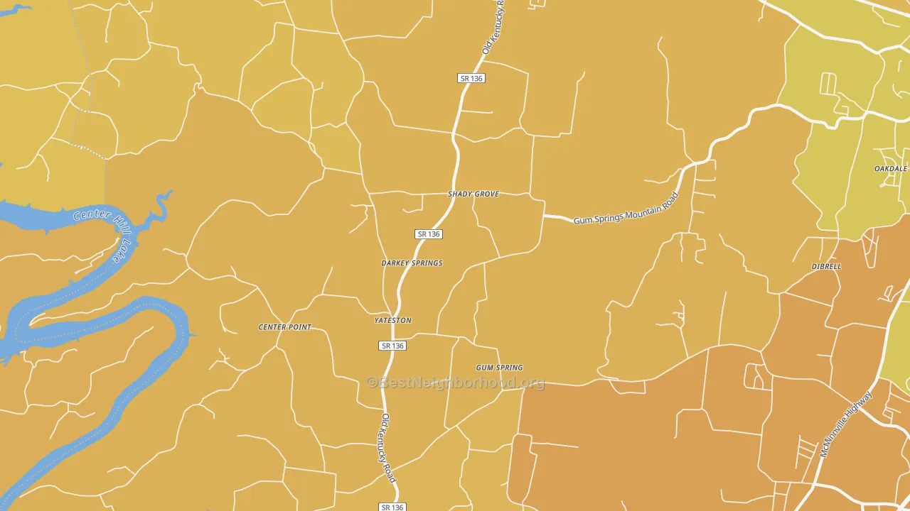 Map of the best neighborhoods in the Yateston area, with better matches in green and worse matches in red