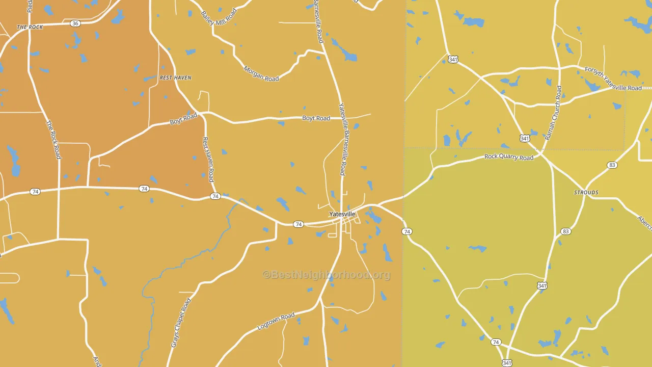 Map of the best neighborhoods in the Yatesville area, with better matches in green and worse matches in red