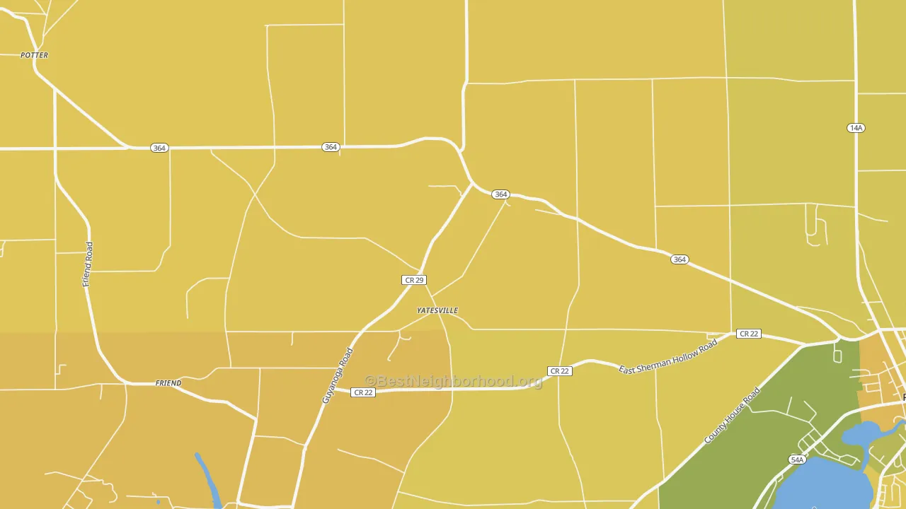 Map of the best neighborhoods in the Yatesville area, with better matches in green and worse matches in red