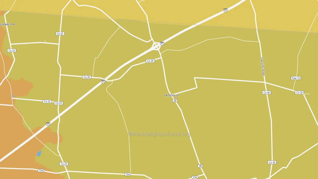 Map of the best neighborhoods in the Yatesville area, with better matches in green and worse matches in red