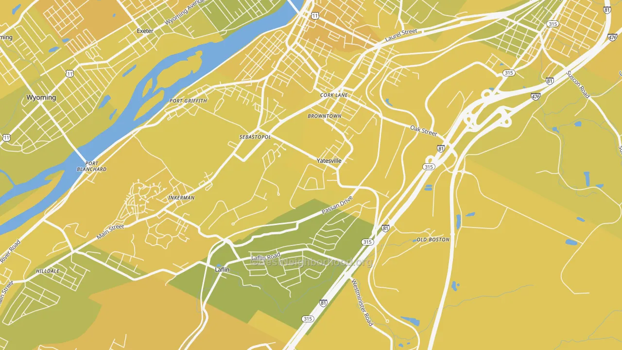 Map of the best neighborhoods in the Yatesville area, with better matches in green and worse matches in red