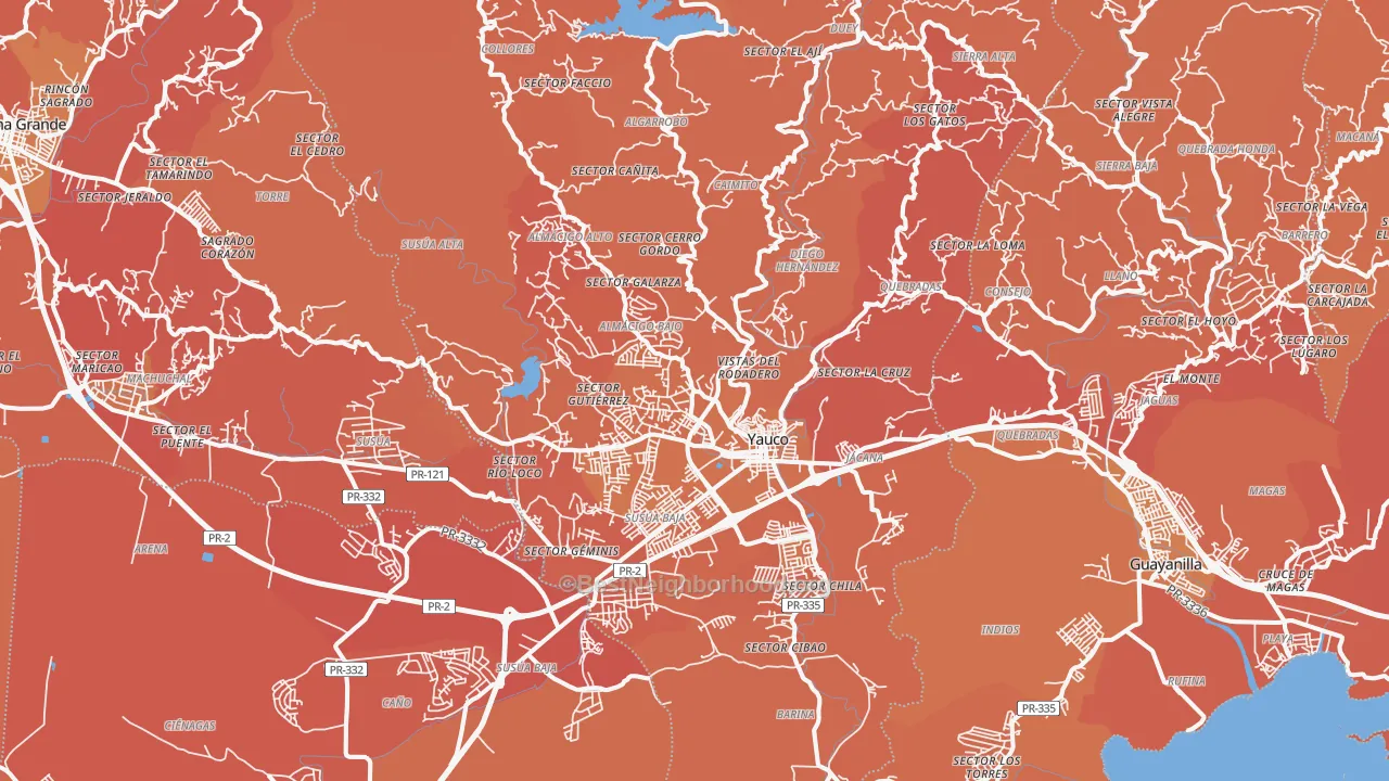 Map of the best neighborhoods in the Yauco Municipio area, with better matches in green and worse matches in red