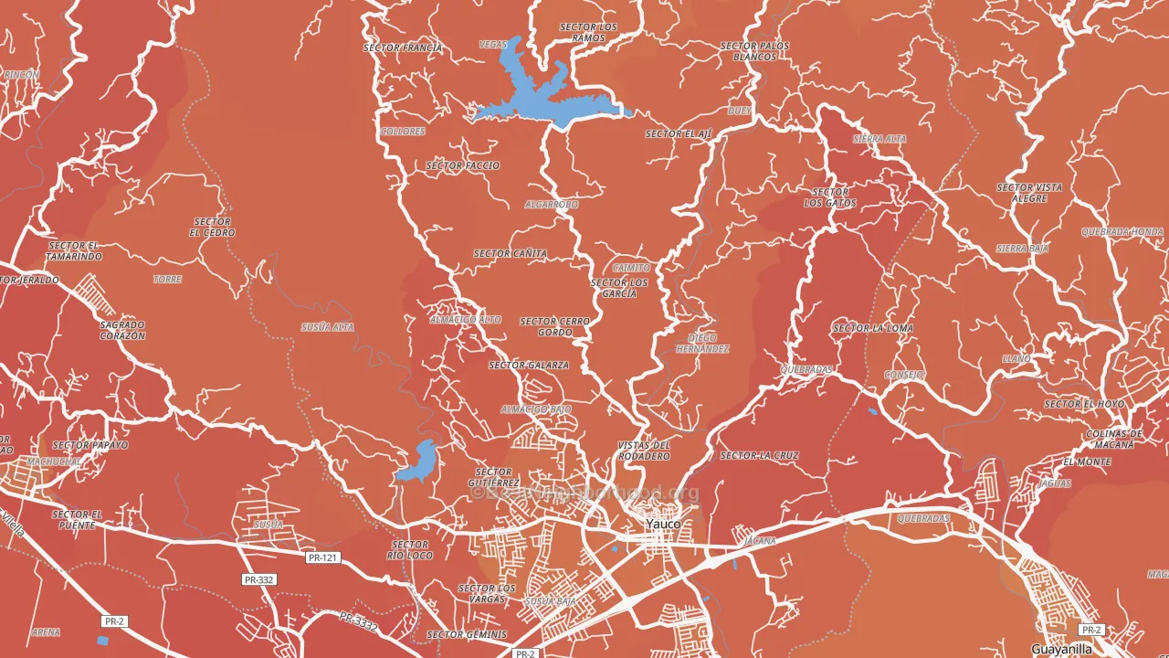 Map of the best neighborhoods in the Yauco area, with better matches in green and worse matches in red