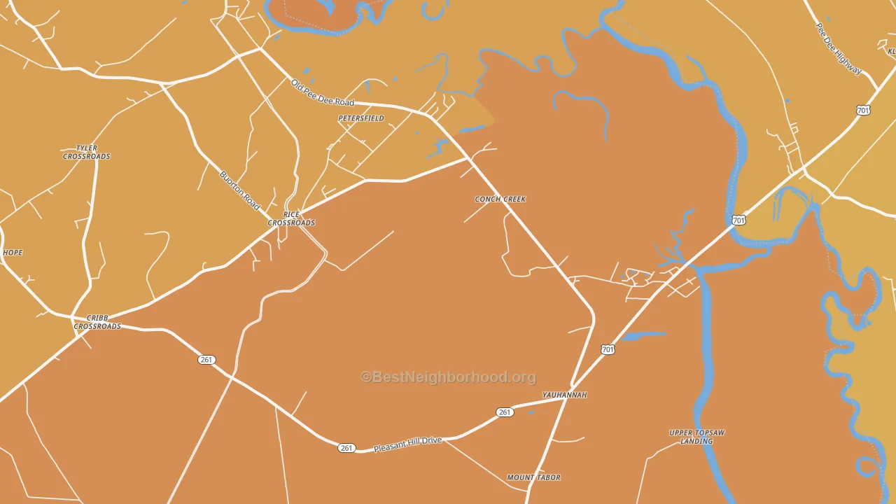 Map of the best neighborhoods in the Yauhannah area, with better matches in green and worse matches in red