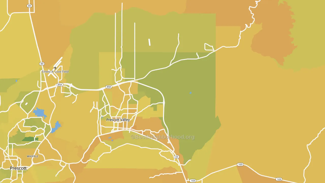 Map of the best neighborhoods in the Yavapai County area, with better matches in green and worse matches in red