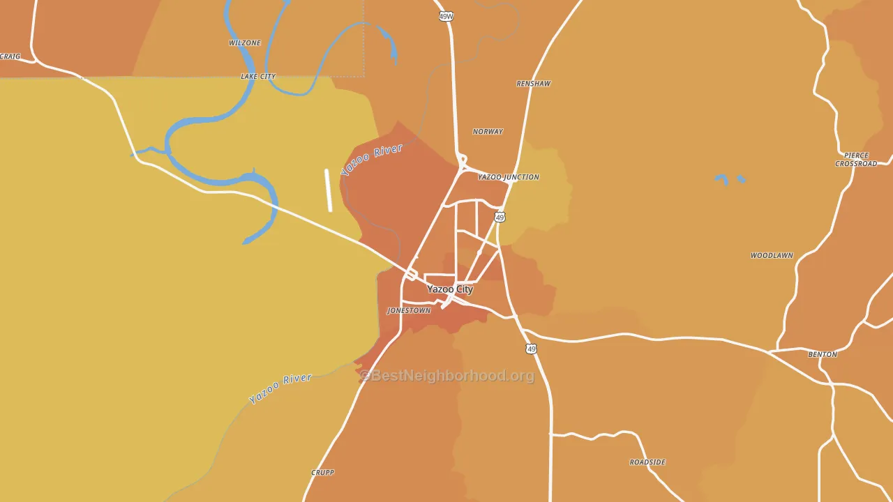 Map of the best neighborhoods in the Yazoo City area, with better matches in green and worse matches in red