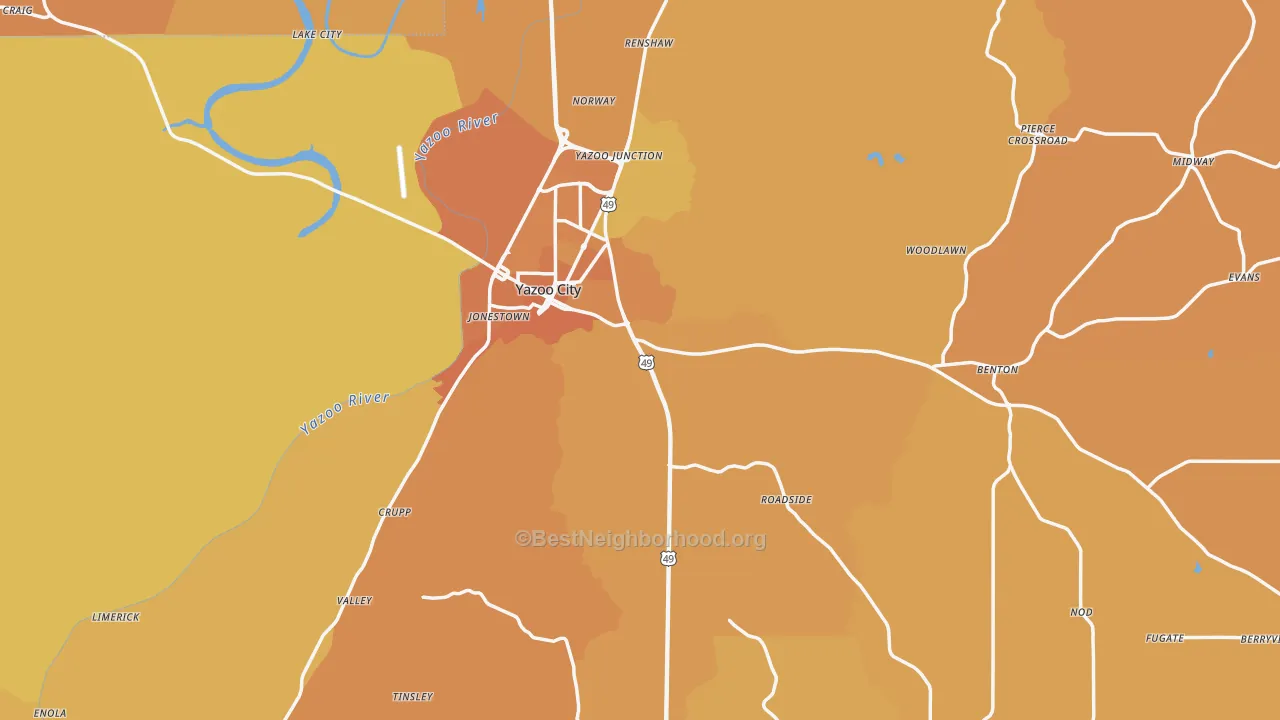 Map of the best neighborhoods in the Yazoo County area, with better matches in green and worse matches in red