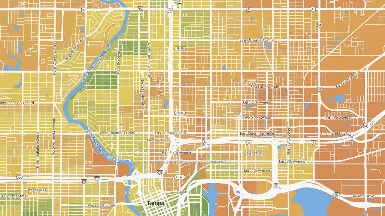 Map of the best neighborhoods in the Ybor City, Tampa area, with better matches in green and worse matches in red