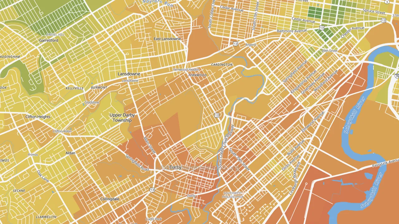 Map of the best neighborhoods in the Yeadon area, with better matches in green and worse matches in red