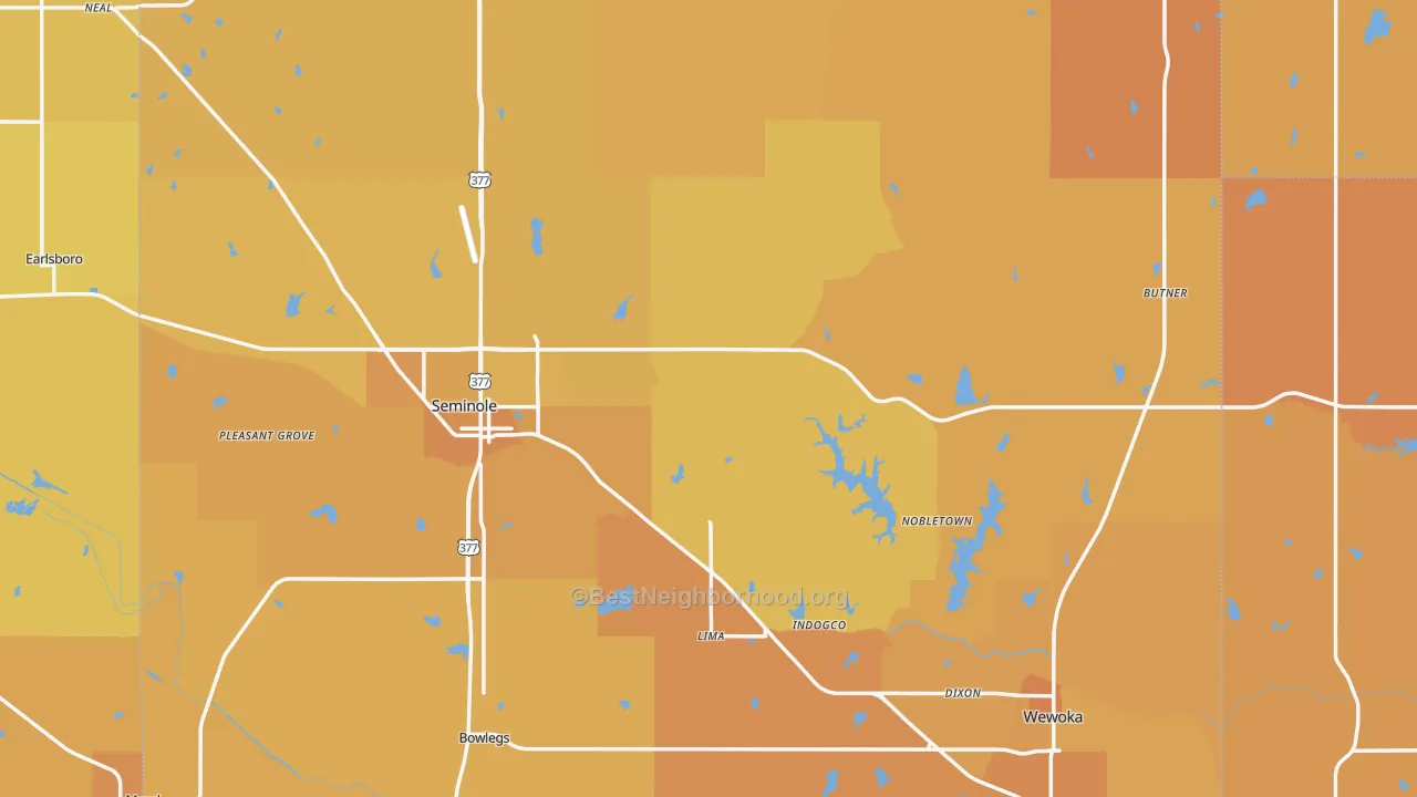 Map of the best neighborhoods in the Yeager area, with better matches in green and worse matches in red