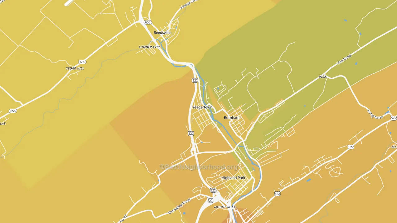 Map of the best neighborhoods in the Yeagertown area, with better matches in green and worse matches in red