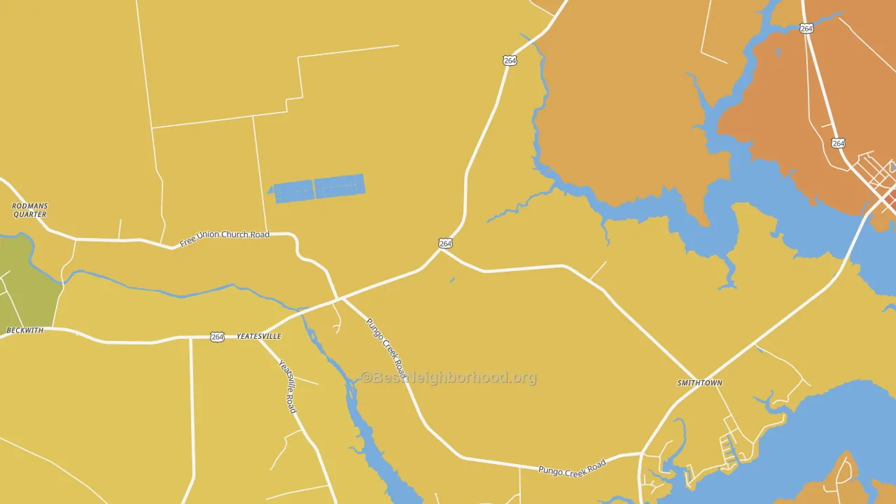 Map of the best neighborhoods in the Yeatesville area, with better matches in green and worse matches in red