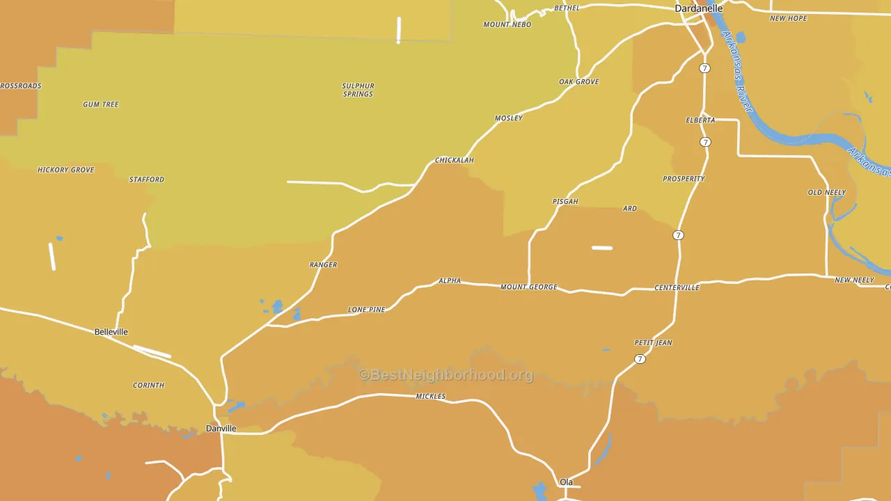 Map of the best neighborhoods in the Yell County area, with better matches in green and worse matches in red