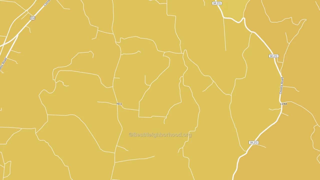 Map of the best neighborhoods in the Yell area, with better matches in green and worse matches in red