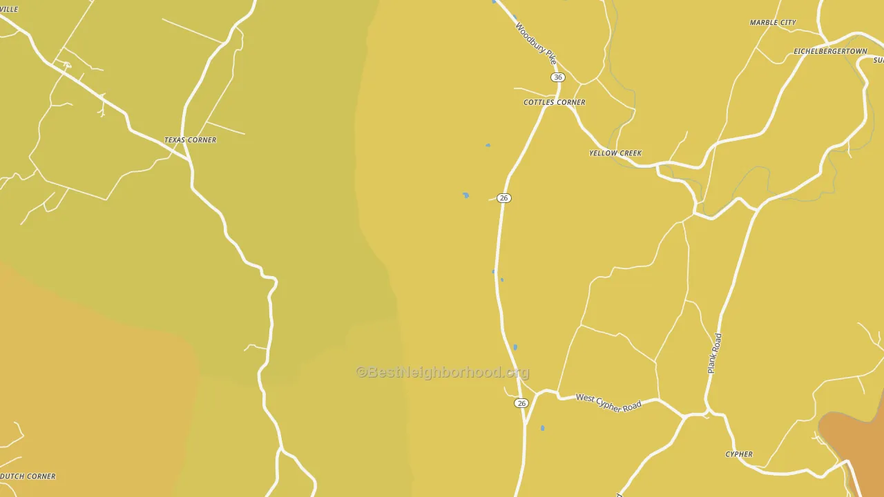 Map of the best neighborhoods in the Yellow Creek area, with better matches in green and worse matches in red