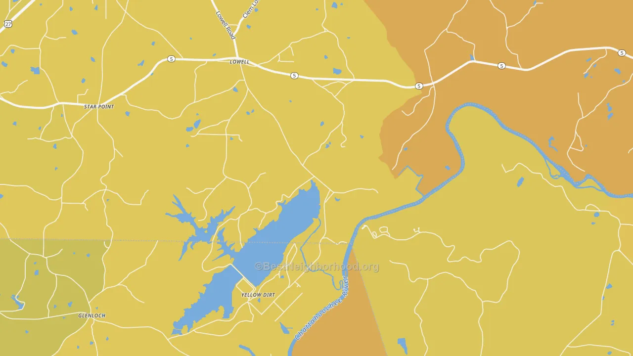 Map of the best neighborhoods in the Yellow Dirt area, with better matches in green and worse matches in red
