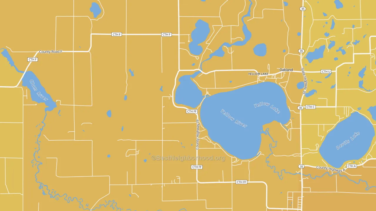 Map of the best neighborhoods in the Yellow Lake area, with better matches in green and worse matches in red