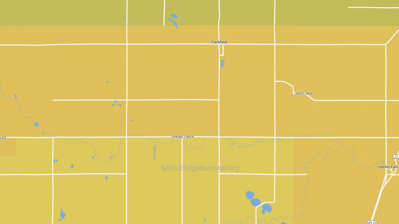 Map of the best neighborhoods in the Yellow Medicine County area, with better matches in green and worse matches in red