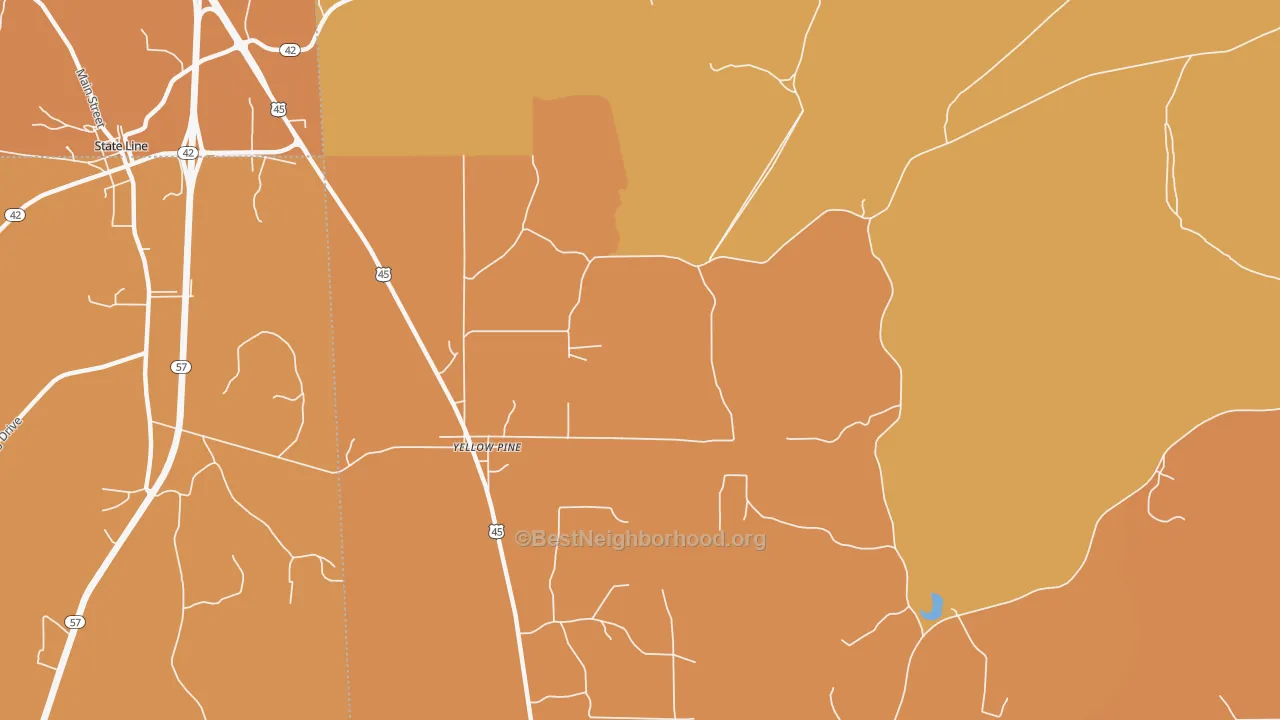 Map of the best neighborhoods in the Yellow Pine area, with better matches in green and worse matches in red
