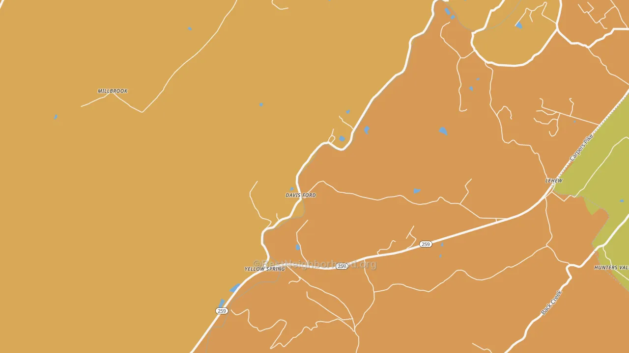 Map of the best neighborhoods in the Yellow Spring area, with better matches in green and worse matches in red