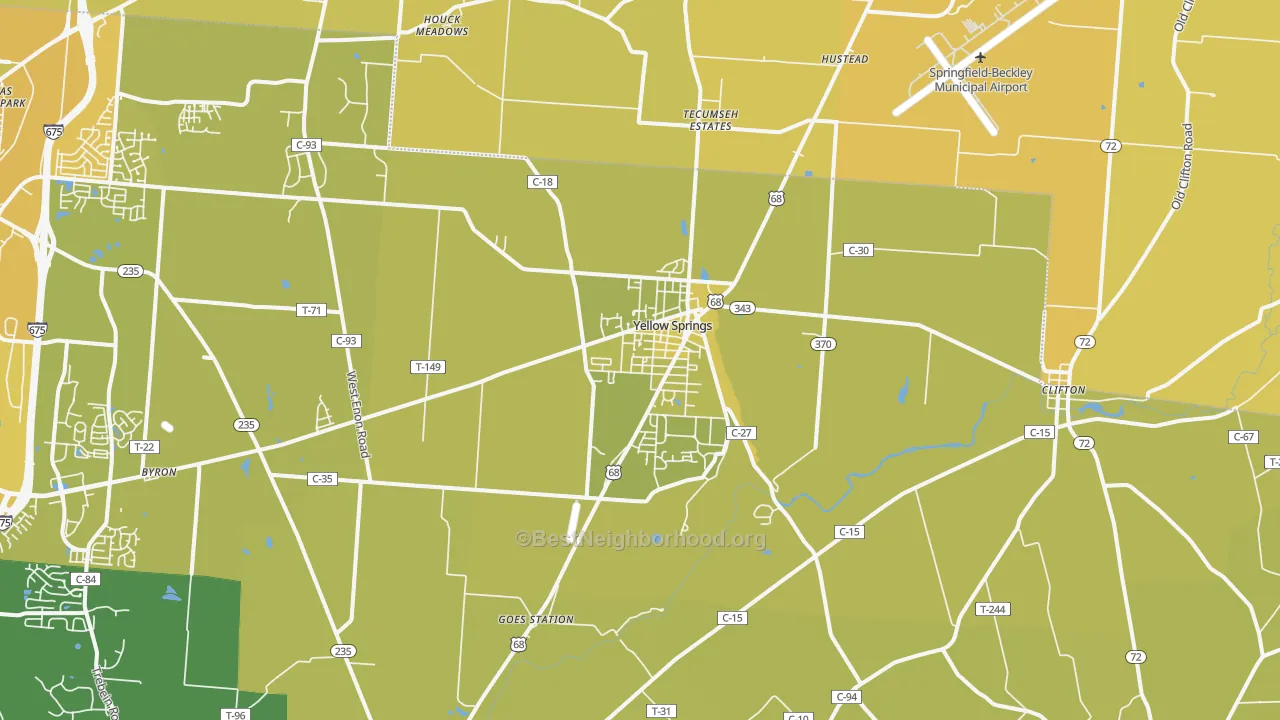 Map of the best neighborhoods in the Yellow Springs area, with better matches in green and worse matches in red