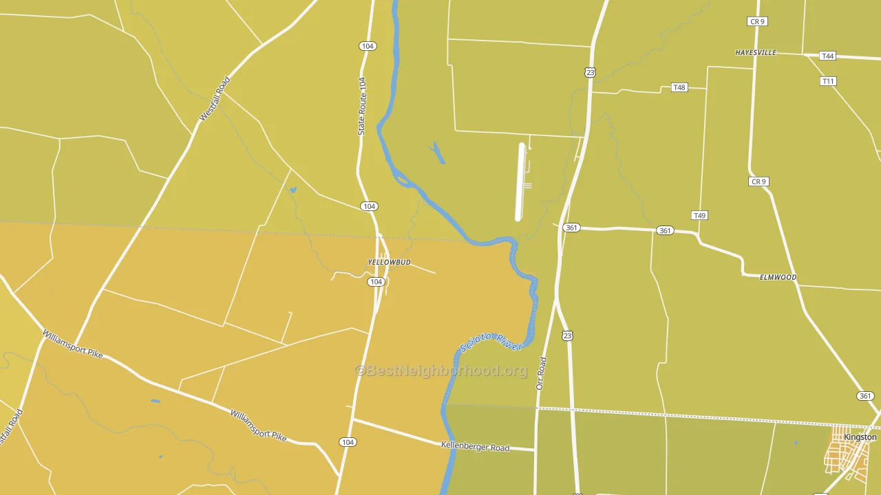 Map of the best neighborhoods in the Yellowbud area, with better matches in green and worse matches in red