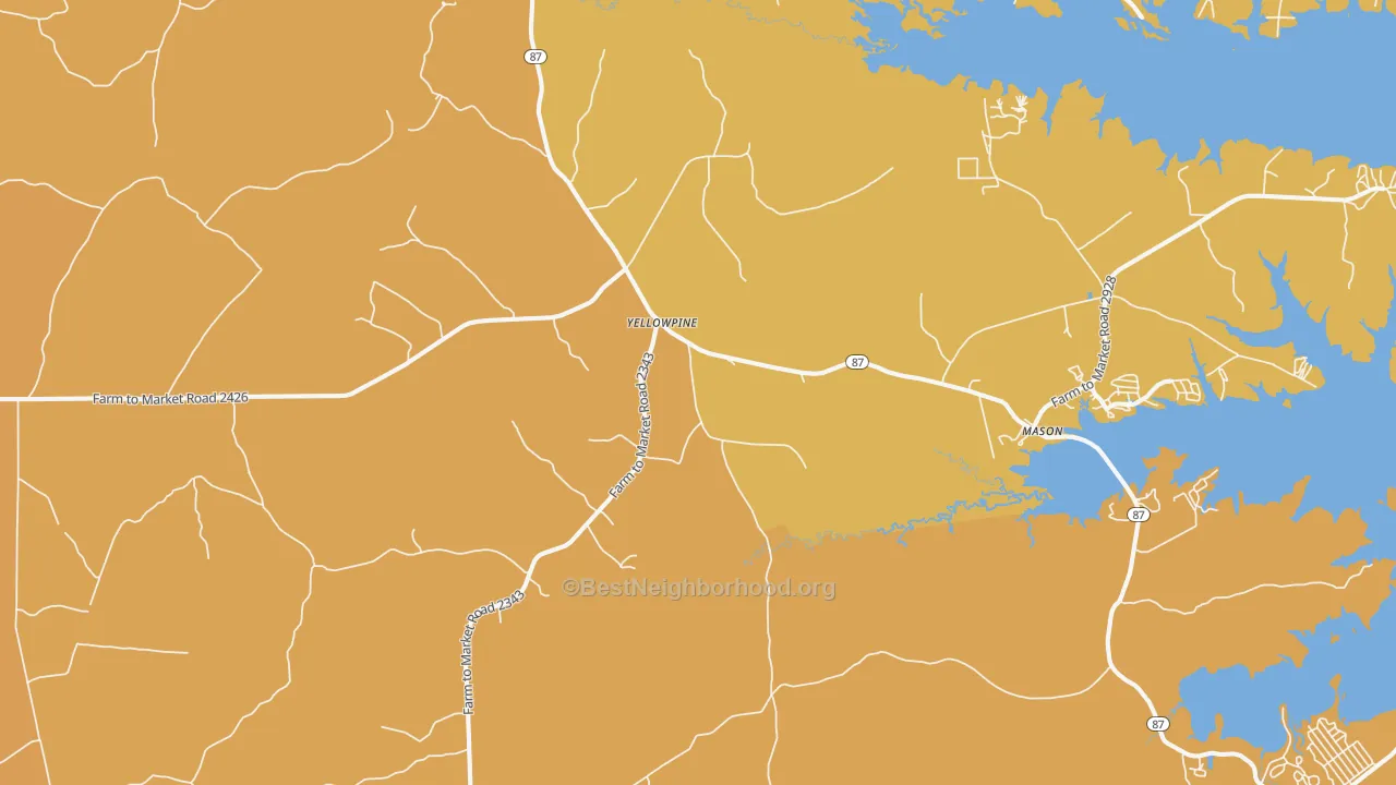 Map of the best neighborhoods in the Yellowpine area, with better matches in green and worse matches in red