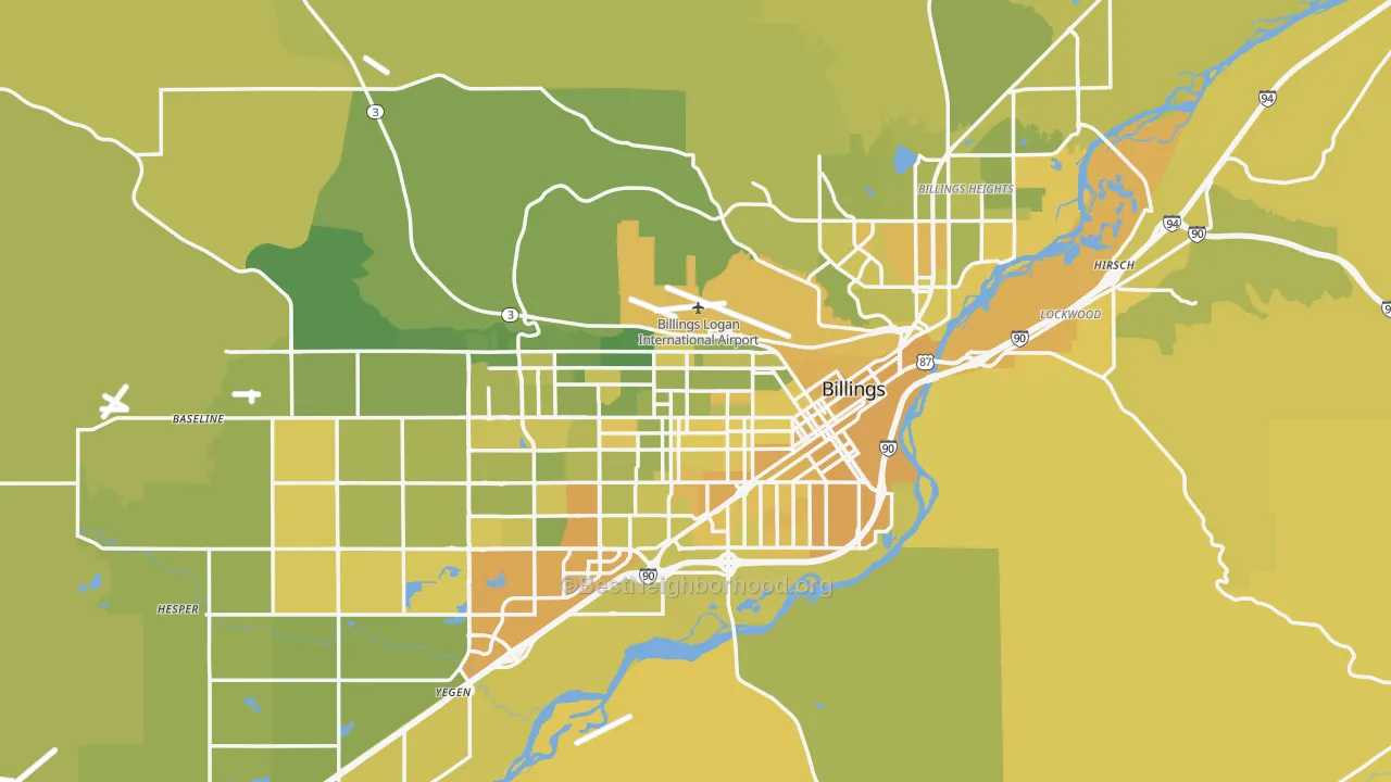 Map of the best neighborhoods in the Yellowstone County area, with better matches in green and worse matches in red