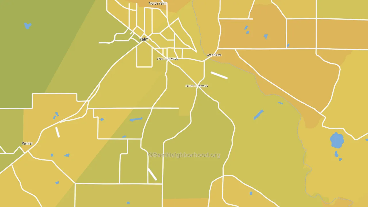 Map of the best neighborhoods in the Yelm area, with better matches in green and worse matches in red