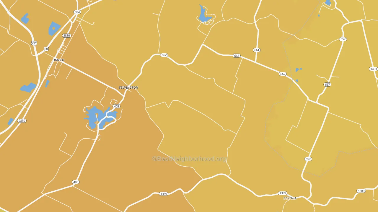Map of the best neighborhoods in the Yelvington area, with better matches in green and worse matches in red
