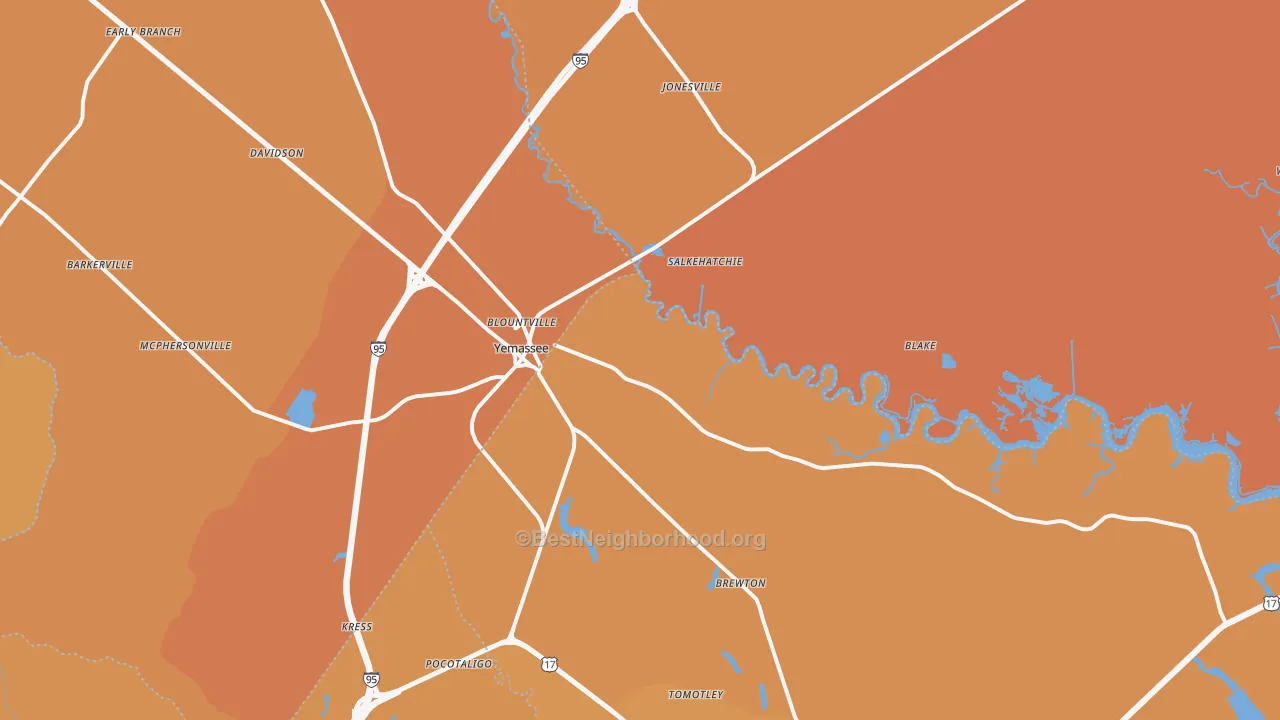 Map of the best neighborhoods in the Yemassee area, with better matches in green and worse matches in red