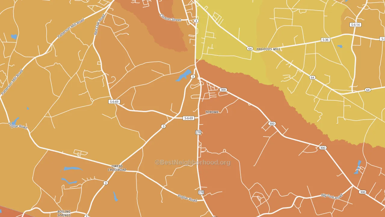 Map of the best neighborhoods in the Yenome area, with better matches in green and worse matches in red