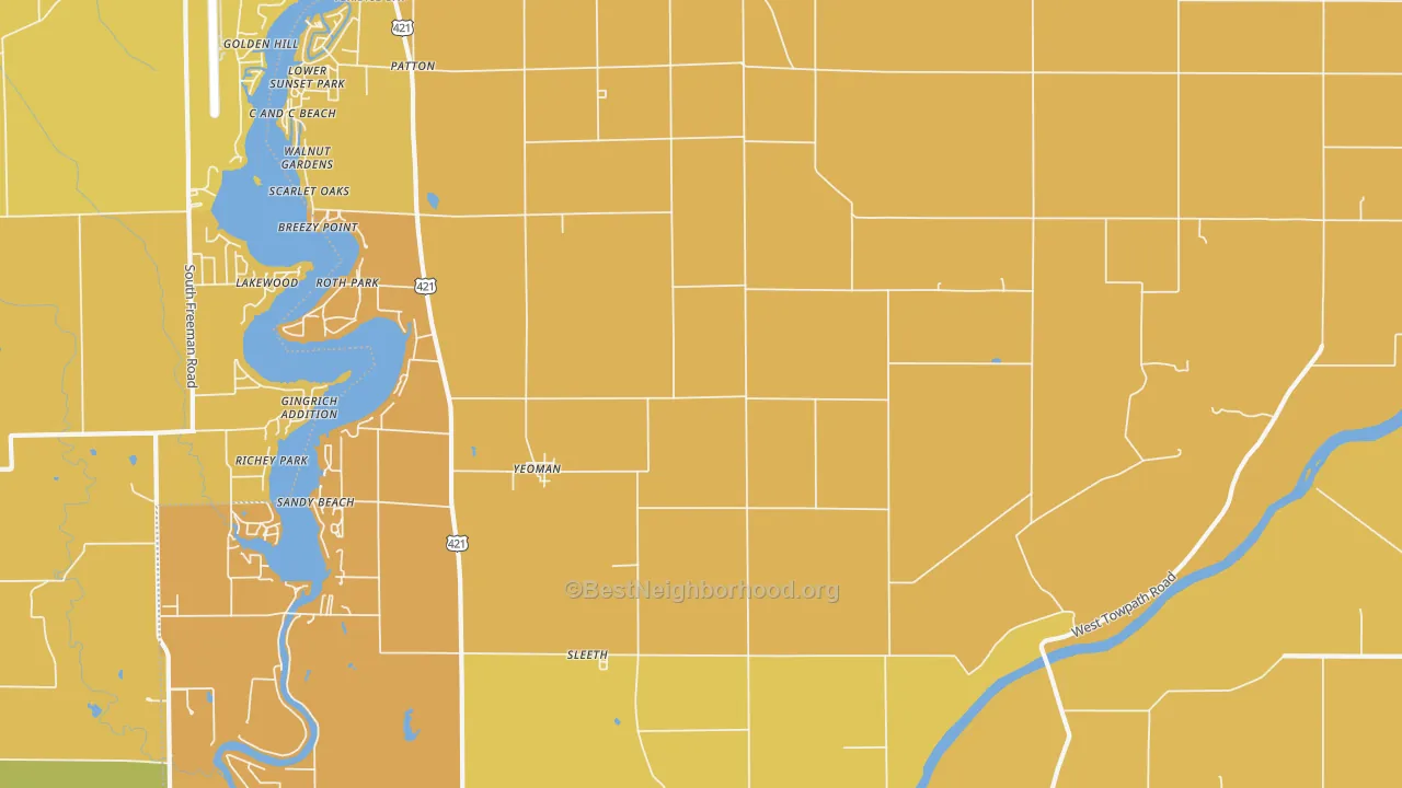 Map of the best neighborhoods in the Yeoman area, with better matches in green and worse matches in red