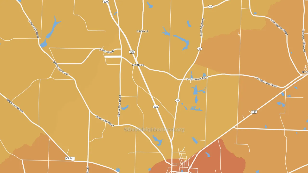 Map of the best neighborhoods in the Yeomans area, with better matches in green and worse matches in red