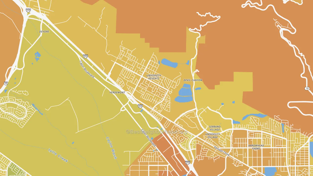 Map of the best neighborhoods in the Yerdemont, San Bernardino area, with better matches in green and worse matches in red